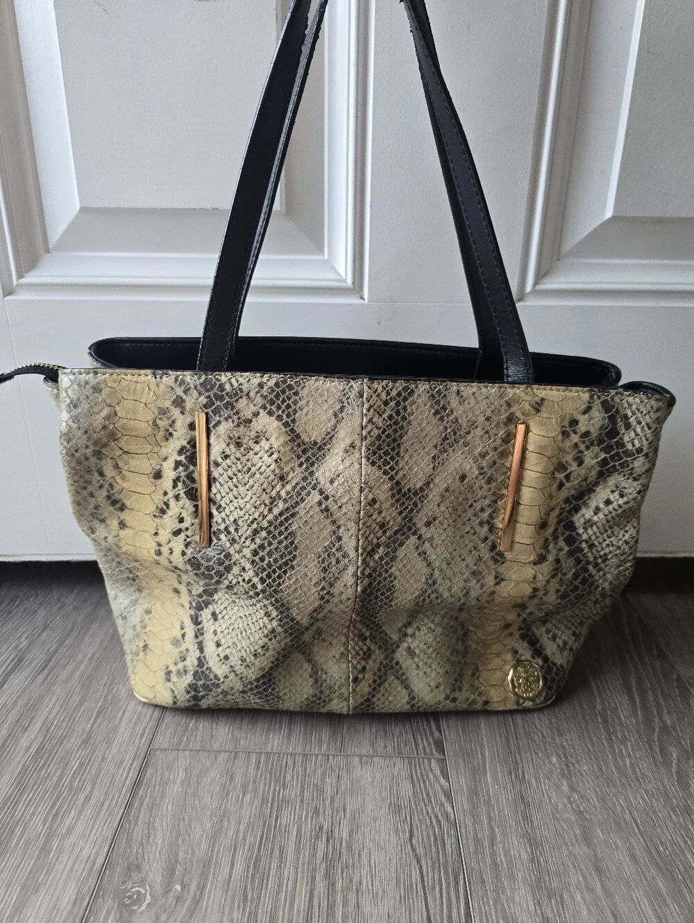 Vince Camuto Zola Snake Print Genuine Leather Tote Shoulder Bag Black Multi Gold